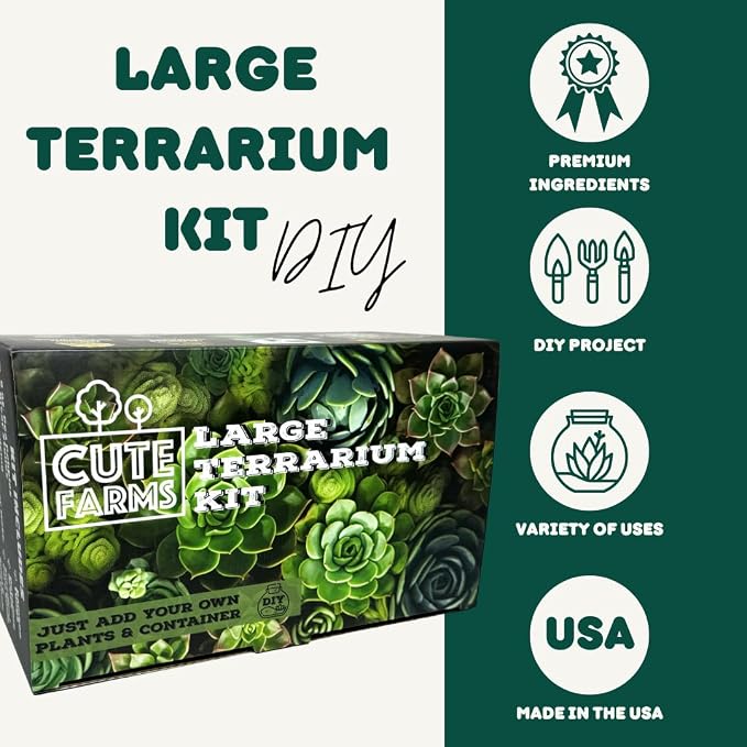 Cute Farms Terrarium Starter Kit | Moss, Vermiculite, Soil, Pebbles, Plant Food, & Finishing Tools (Large Kit + Live Plants + Crystals)