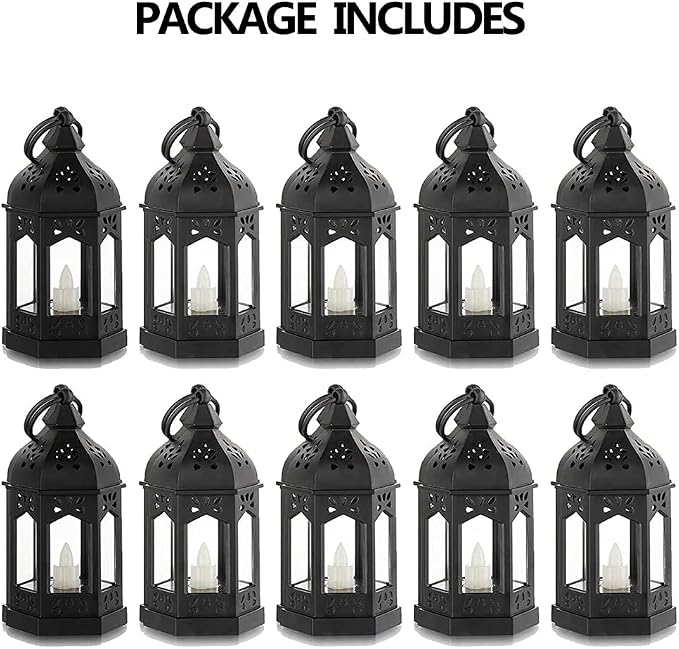 Mini Lantern with Flickering LED Candles Set of 10, Hewory Black Vintage Decorative Hanging Candle Lanterns for Halloween, Christmas, Wedding Decorations, Party, Table Centerpiece, Battery Included