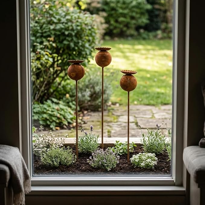 Rustic Metal Coneflower Garden Stakes, Set of 3, Rusted Iron Daisy Yard Art, 24x1.5 Inch, Weather-Resistant Lawn Pathway, Patio Decor (Coffee)