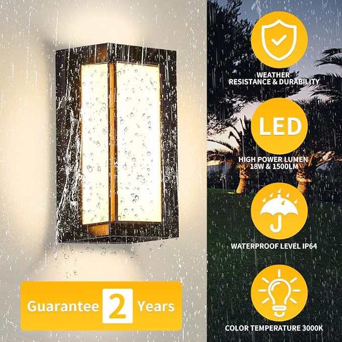 LED 18W Modern Rectangular Outdoor Wall Sconce 3000K Outside Light for House Patio, Black with Full Border Warm White, IP64 Waterproof Outdoor Wall Lights for House Patio Exterior Wall (1 Pack)