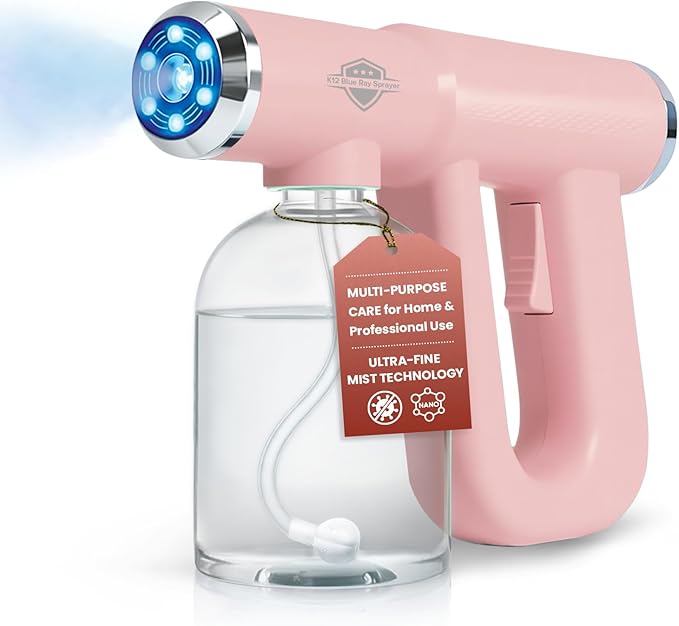 Continuous Spray Bottle for Plants, Hair & Skin, Multipurpose Nano Spray Machine with Blue Light, USB-C Rechargeable Plant Misters for Inside, Cordless Barber Spray Gun for Curly Hair & Styling, Pink