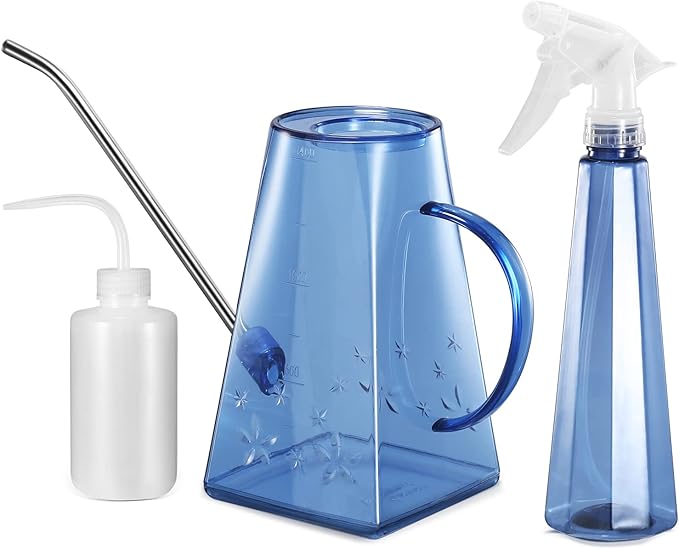 Goowin Watering Can Indoor Plants, 47 oz Long Spout House Plant Flower Watering Can, Creative Wide Opening Plastic Watering Can with 16 oz Spray Bottle & 8.5 oz Squeeze Bottle, Blue