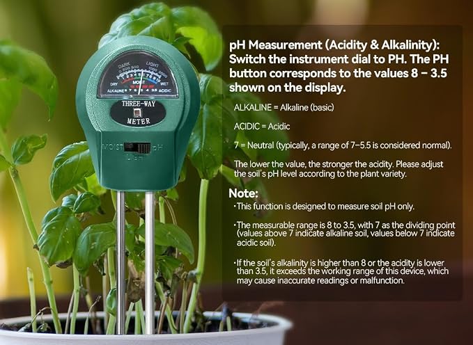 3-in-1 Soil pH Meter - Moisture, Light, and pH Tester for Garden, Lawn, Farm, Indoor & Outdoor Plant Care, Green