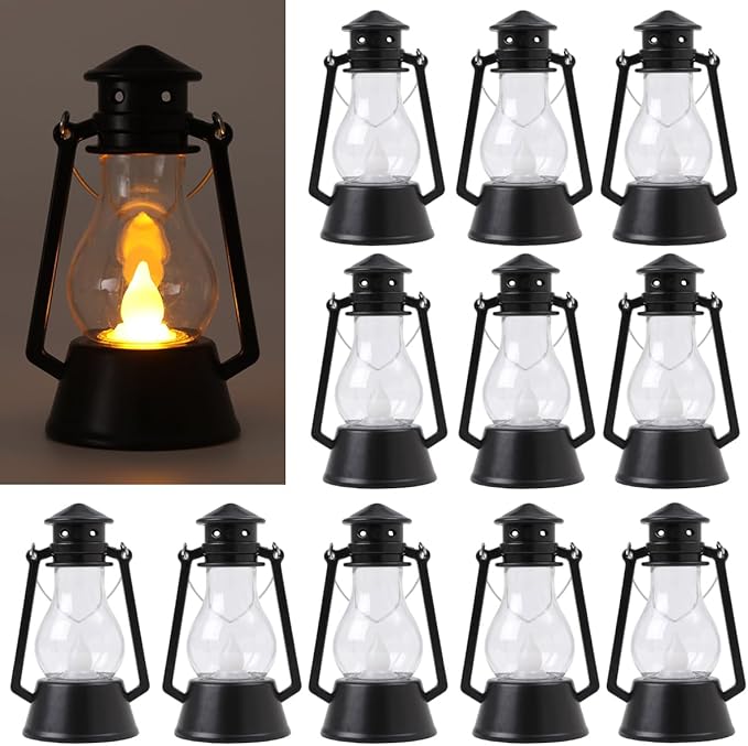 Mini Vintage Lantern Decor 12-Pcs LED Small Lanterns Indoor Decorative Outdoor Hanging Lantern Decorative Candle Lanterns Farmhouse Decor for Wedding Centerpiece,Halloween,Christmas Decorative