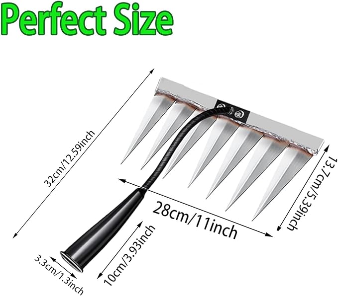 Iron Rake for Weeding, Garden Metal Rake Heavy Duty with 7 Tines, Garden Weeding Rake Tools, Sharp Gardening Weed Rake Tool, Hand Rake Weeder Tool Weed Puller for Backyard Farm Planting Weeding