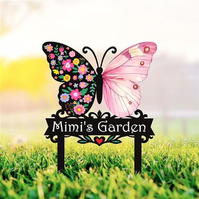 Personalized Metal Yard Sign, Butterfly Metal Stake Decor, Bird & Flower Design, Gift for Garden Lovers, Garden Decor (Pink butterfly)