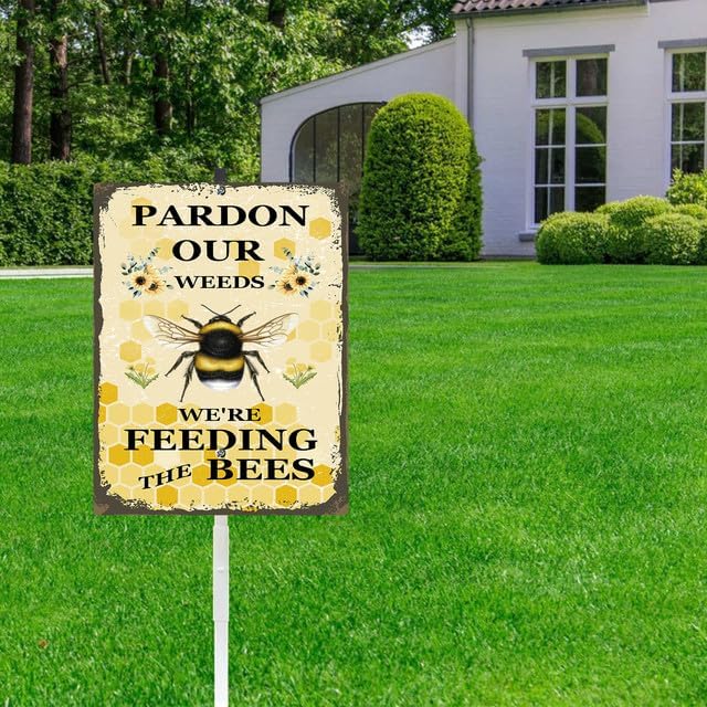 Parden Our Weeds We Are Feeding The Bees Yard Sign With Stake Do Not Mow Reflective Aluminum Yard Signs Rust Free Save Bee Pollinator Habitat Garden Signs (8x12) IN