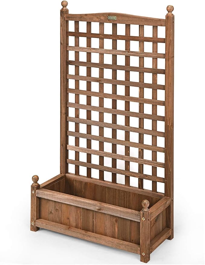 Giantex Wood Planter Free Standing Plant Raised Bed with Trellis for Garden or Yard (11" Dx25 Wx48 H)