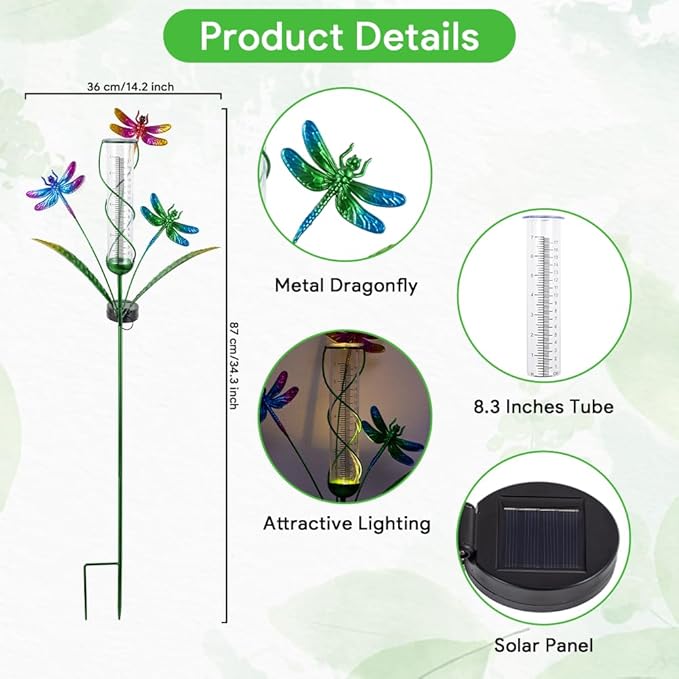 Stargarden Rain Gauge Outdoor, Dragonfly Solar Rain Gauge with 7" Plastic Tube, Decorative Rain Gauge for Yard Garden Patio Lawn