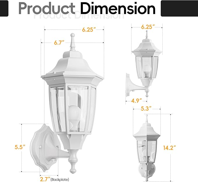 EMART Dusk to Dawn Outdoor Porch Light, Exterior Anti-Corrosion, Waterproof Aluminum & Glass Shades Wall Lamp Fixture, Modern Sconce Lantern for Yard, House, Garage - 2 Pack, White （Bulb Included）