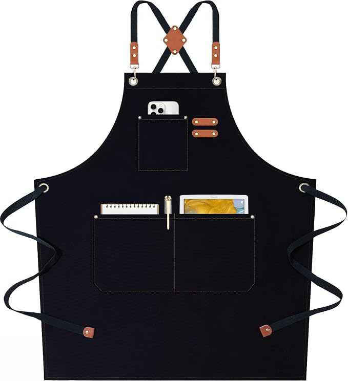 AFUN Chef Aprons for Women Men with Oversized Pockets, 12-Ounce Cotton Canvas Cross Back Water Repellent Apron (Black)