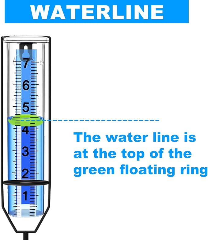 Rain Gauge Outdoor with Large Easy-Read Numbers | Freeze-Resistant Plastic Rain Gauge with Floating Marker, Stake or Hang Installation | 7" Rain Measuring Tool for Garden Yard Fence Farm