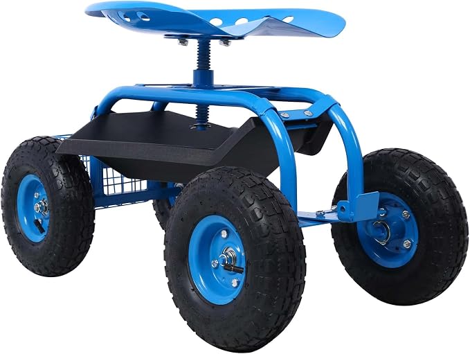 Rolling Garden Cart, 360 Swivel Gardening Seat with Wheels, Tool Basket, Adjustable Height, Outdoor Garden Workseat, Gardening Stool Scooter for Sitting (Blue)