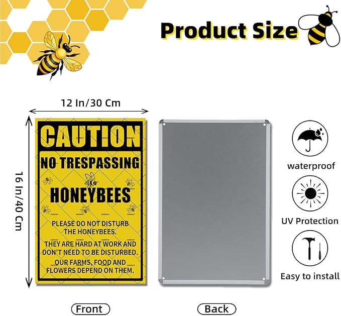 EMOHAT Caution No Trespassing Honeybees Metal Tin Sign, Honeybees at Work Warning Sign for Garden Farm Orchard, 16x12 Inch Rustic Novelty Decor for Garage Home Outdoor