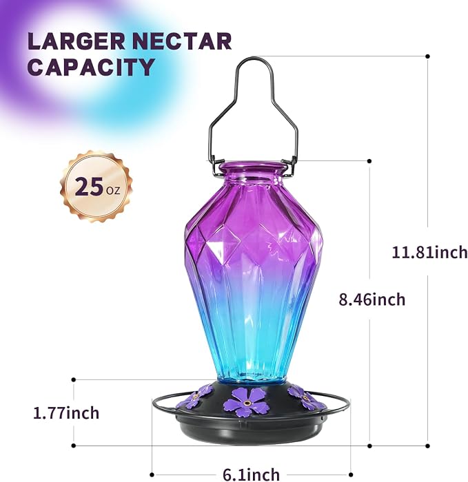 2 Pack Glass Hummingbird Feeder for Outdoors Hanging, 25Oz Humming Bird Nectar Feeder, Perch, 5 Flower Feeding Ports, Leak Proof Base, Hook for Outside Garden Backyard, Diamond Purple