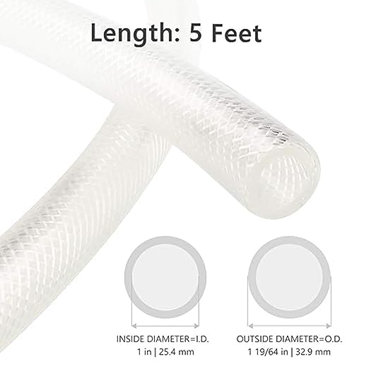 1" ID x 5 Ft High Pressure Braided Clear PVC Vinyl Tubing Flexible Vinyl Tube, Heavy Duty Reinforced Hose Tubing, BPA Free and Non Toxic