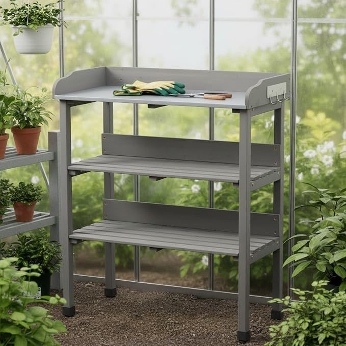 30" Outdoor Potting Bench Table with Metal Tabletop, Wooden Potting Table, 3 Tier Garden Work Bench Shelf with Hooks & Adjustable Feet for Patio Porch Balcony, Grey