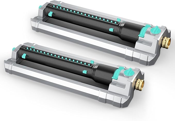 QUOBAS 2 Pack Heavy Duty Oscillating Sprinkler, 18-Hole Nozzle with Zinc Alloy Metal Base, Adjustable Flow Control & Spray Width, with Cleaning Pin, Garden, Yard