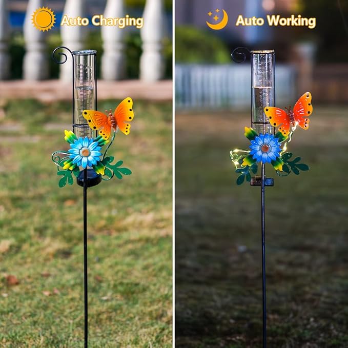 Rain Gauge Outdoor,Rain Gauges,Glass Decorative Rain Guage with Metal Stake for Garden Yard Lawn Decor,Butterfly