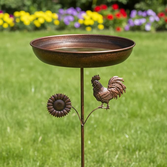 dreamysoul Bird Baths for Outside, 12 Inches Dia Bird Bath Feeder Bowl with Sun and Rooster Decor, Freestanding Metal Birdbath for Outdoors Garden Patio Yard Lawn