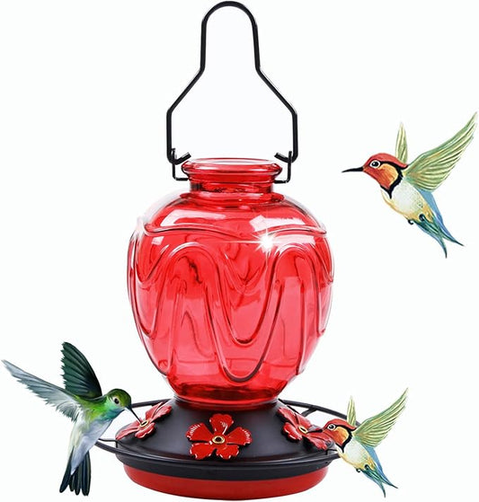 2 Pack Glass Hummingbird Feeder for Outdoors Hanging, 24Ozs Humming Bird Nectar Feeder w/Perch, 5 Flower Feeding Ports, Leak Proof Base and Hook for Outside Garden Backyard Decor, Red