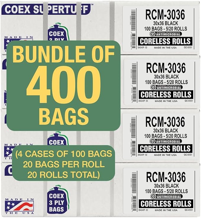 Aluf Plastics - 3 Ply Trash Bag, 20-30 Gallon, 1.25 Mil (eq), 30"x36", Black, 400 Count (20 Rolls of 20)