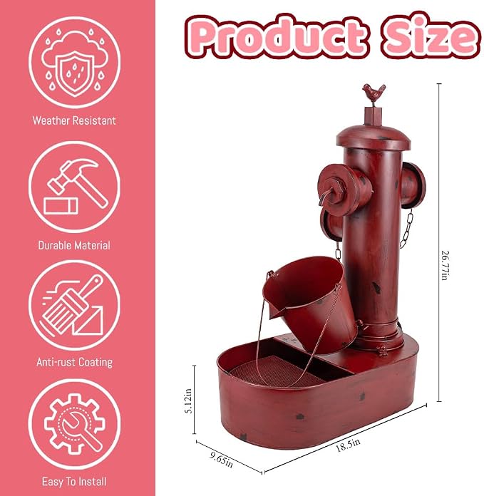 Water Fountain Outdoor, 27" Vintage Waterfall Fountain Red Fire Hydrant, Rustic Metal Outdoor Water Fountain with Tilted Bucket for Garden Patio Yard Deck Decor