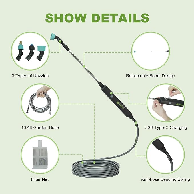 22.1'' Electric Sprayer Wand, Adjustable Nozzle Telescopic Design with 16.4FT Hose, Rechargeable Battery ensure Long Runtime, Lightweight Cordless Wand for Weed Control & Plant Watering