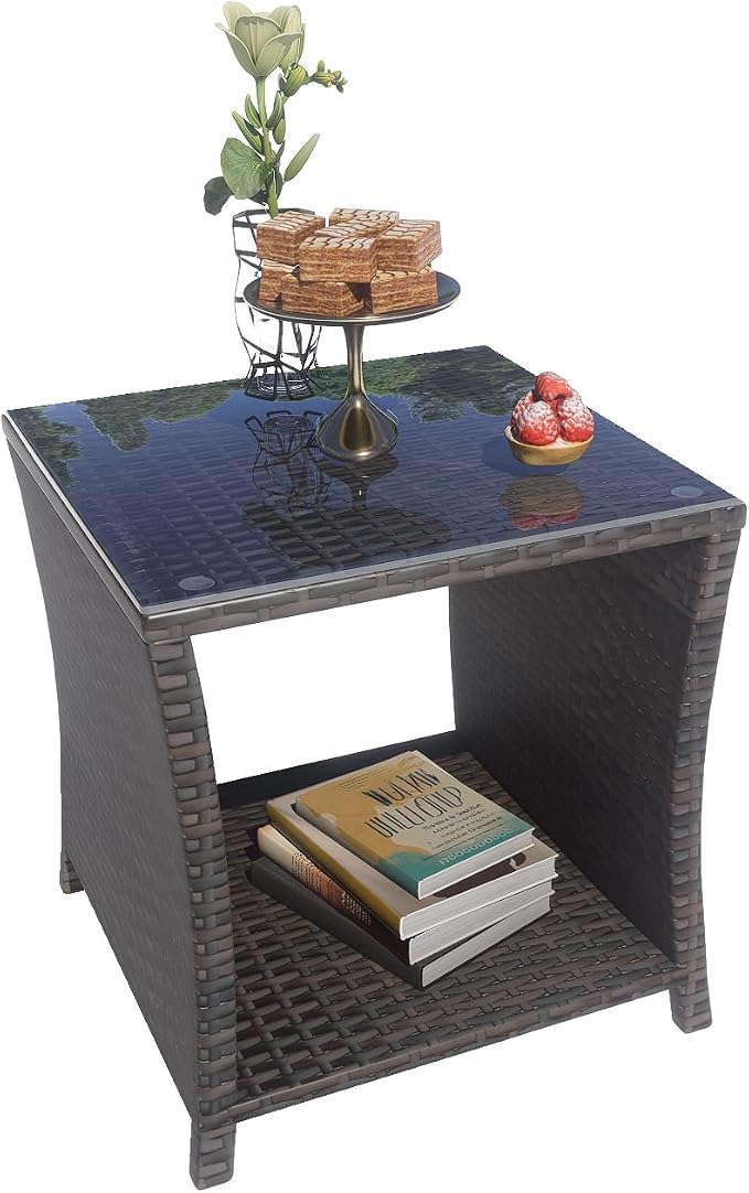 Rattan Side Table,Outdoor Patio Wicker Table,Modern Patio End Side Table with Glass Countertop and Storage Space,for Garden Balcony Porch (Brown3)