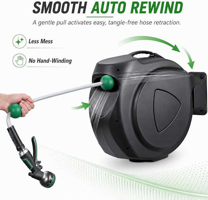 Retractable Garden Hose Reel, 130FT Wall Mounted Auto Rewind Water Hose Reel with 180° Swivel Bracket, Any Length Lock, Kink-Free Hose Guide, Multi-Pattern Spray Nozzle for Yard, Lawn & Outdoor