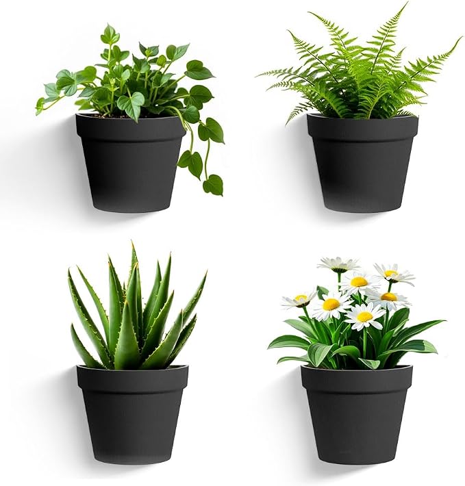 Asnext 2 Pack Plastic Wall Planter for Indoor Plants, 7.5 Inch Hanging Wall Planter Pots, Wall Mounted Succulent Planters (Black)