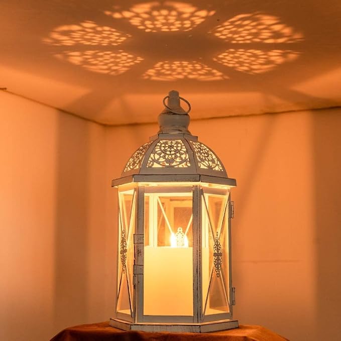 Lantern Decorative Indoor & Outdoor, 14.5'' Candle Lantern Farmhouse Home Decor, Hexagon Vintage Hanging Metal Candle Holder for Front Porch Shelf Patio Wedding Party, Christmas Decorations