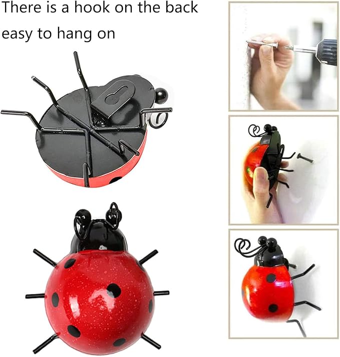 Cruis Cuka Metal Garden Decor for Outside Cute Ladybugs Yard Art Lawn Ornaments Wall Sculptures & Statues Outdoor Fence Decorations for Patio - Set of 4