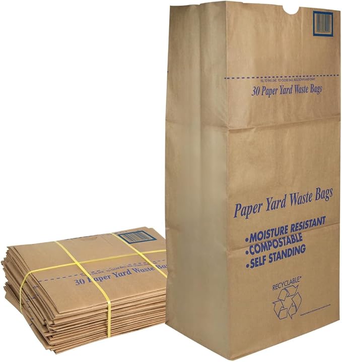 30 Gallon Lawn & Leaf 2-Ply Heavy-Duty Yard Waste Compost Refuse Paper Bags with Necessia Gardening Gloves, Eco-Friendly, Tear Resistant, Self Standing, Biodegredable, Made in USA, 30 Count