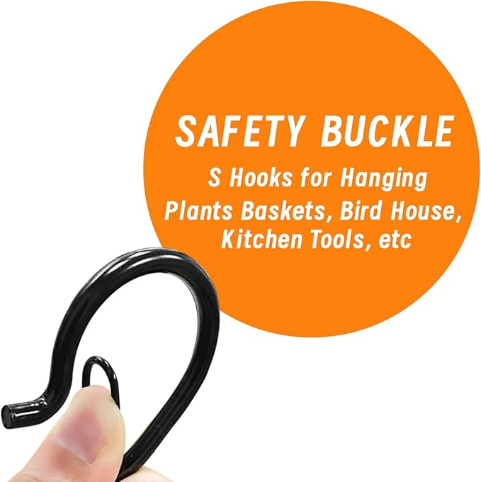 12 PCS S Hooks for Hanging with Safety Buckle, 3.5 inch Heavy Duty Metal S Shaped Hooks for Kitchen Utensil, Cups, Pots, Plants, Bags, Hats (Black)