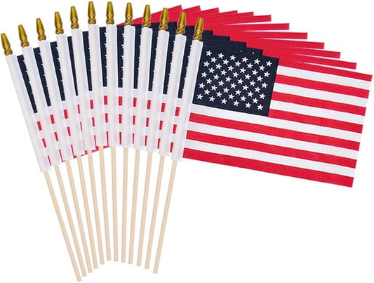12 Pack Small American Flags on Stick Small US Flags/Mini American Flags for Outside 8x12 Inch American Hand Held Stick Flags with Kid-Safe Spear Top, Patriotic Veterans Day Decorations, 4th of July Decorations