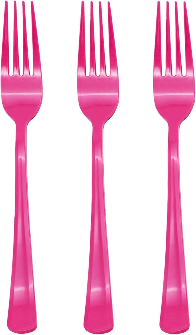 50 Pcs Hot Pink Plastic Forks, Hot Pink Plastic Silverware, Heavy Duty Plastic Cutlery Set Disposable Utensils Sets for Brithday, Wedding, Baby Shower, Bridal Shower