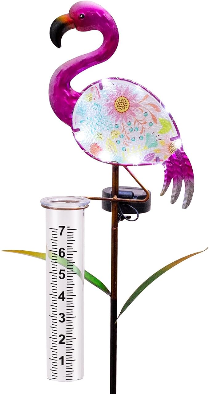 for Wife/Women, Flamingo Rain Gauge Outdoor - Solar Garden Stake Rain Gauges Outdoors Best Rated with LED Lights & Plastic Measuring Cup for Yard Lawn Patio Flowerpot Decor
