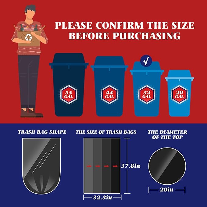 Teivio Black Large Trash Bags 30-33 Gallon 200 Count | Large Multipurpose | Fit 23,25,30,33 gallon Garbage Bin Liner | Kitchen | Lawn And Leaf Bags Outdoor Yard Waste Bag | Workshops Trash