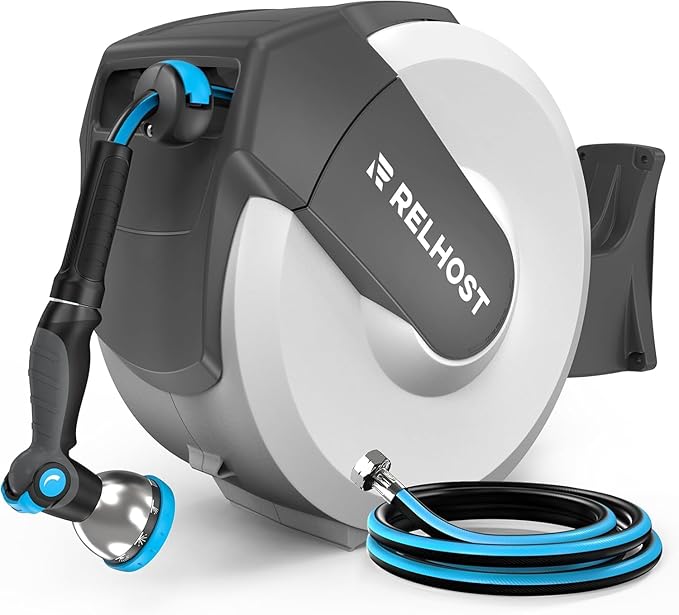 Relhost Retractable Garden Hose Reel 120 ft x 1/2 in, Heavy Duty Hose Reel Wall Mount with Any Length Lock, Auto Rewind System, 180° Swivel Bracket, 10-Pattern Garden Hose Nozzle, White & Grey