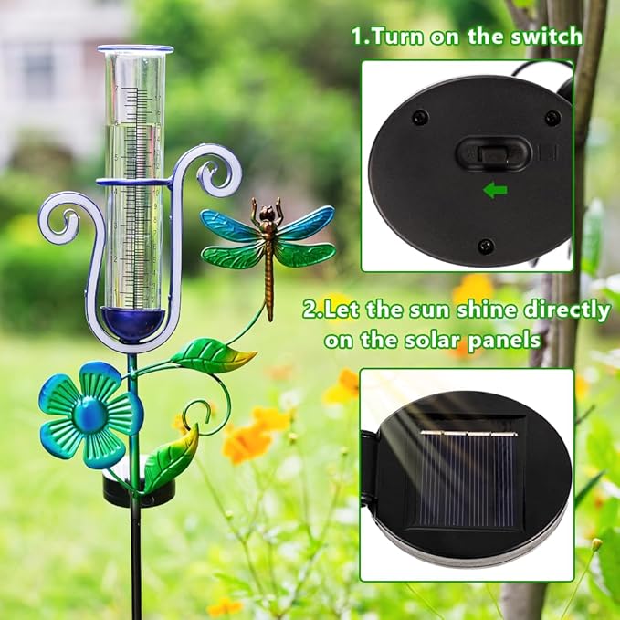 Dragonfly Rain Gauge Outdoor, Solar Rain Gauge with Led Neon Lights, Freeze Proof Rain Gauges for Patio, Garden Yard, Measuring Precipitation