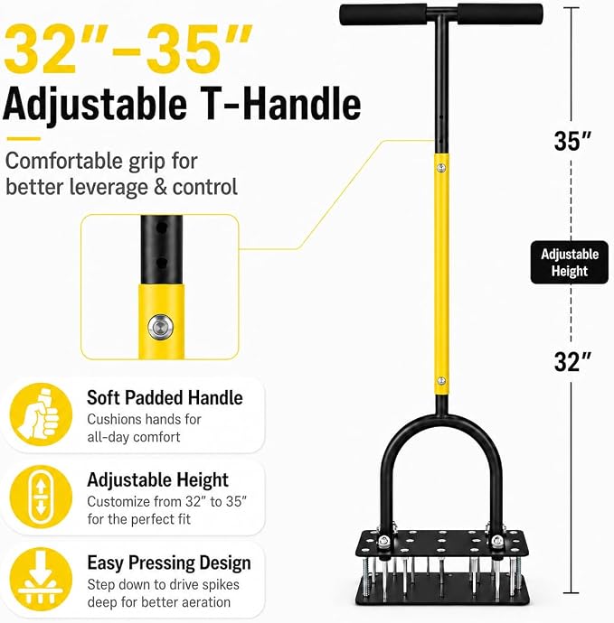 Manual Lawn Aerator Tool with 15 Spikes, 32"-35" Adjustable T-Handle,15-Spike Grass Aerator for Yard Care