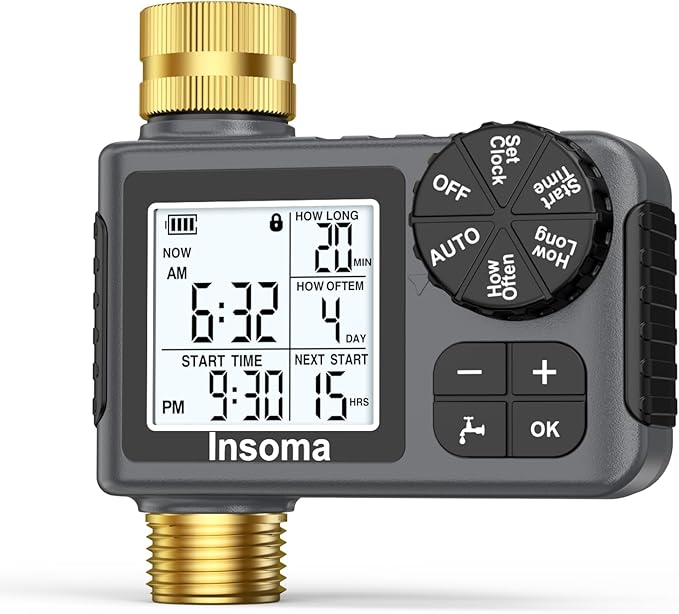 Water Timer for Garden Hose with Brass Inlet & Outlet, 1 Outlet Sprinkler Timer with Auto/Manual/Rain Delay Mode, Large LCD Display, Easy Programming Hose Timers for Lawn Garden Yard Vacation Watering
