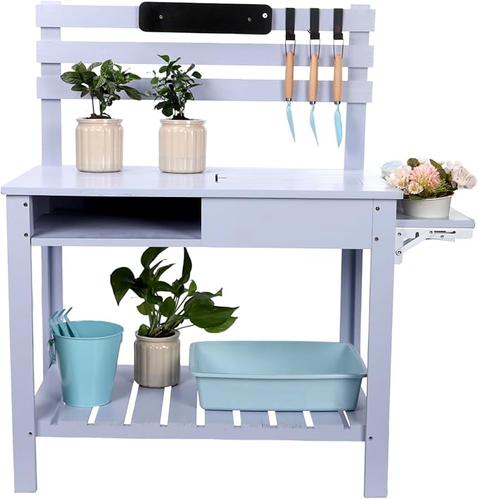 Potting Bench Outdoor Potting Table—Outdoor Kitchen for Kids, Solid Wood Garden Work Station with Sink、Hooks、3Flower Pots, Weather Proof