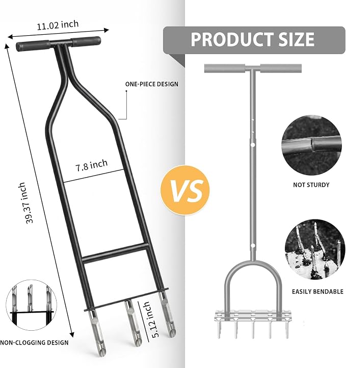 Manual Core Lawn Aerator — 3 Hollow Tines, One-Piece Steel Frame, Self-Cleaning Semi-Open Design, Lawn Aerator Tool for Compacted Soil & Overseeding