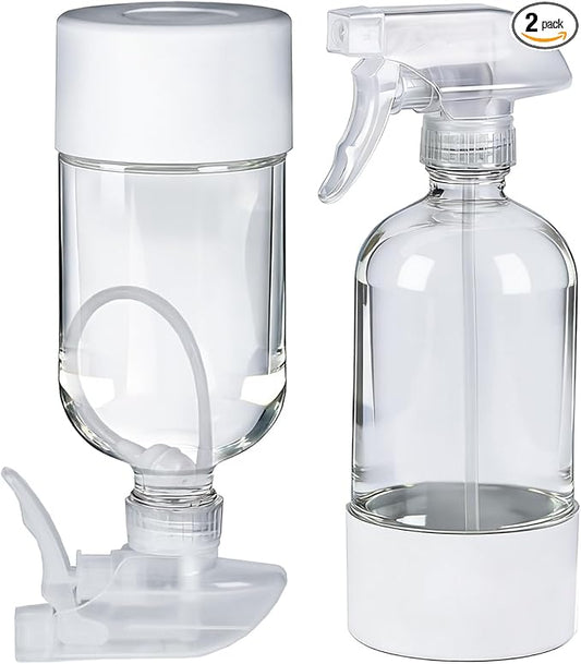 2 Pack 360° Glass Spray Bottles with Silicone Sleeve, 16 oz Empty Refillable Containers with Adjustable Spray Nozzles, Spray Bottles for Hair, Cleaning Solutions and Plants White