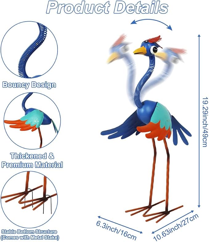 Metal Wacky Heron Garden Statue, 19‘’ Crane Garden Decor for Outside, Bird Yard Art for Outside, Patio, Backyard, Lawn (Blue & Cyan)