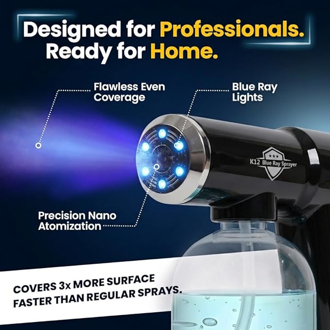 Professional K12 Nano Spray Gun with Blue Light, Atomizer Sprayer & Nano Steam Hair Mister Spray Bottle, Cordless & Rechargeable Barber Spray Gun, Home, Salon, Office & Travel Fine Mist Spray, Black