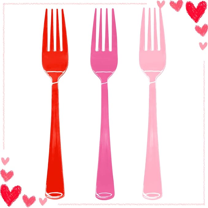 60PCS Valentine's Day Plastic Fork Pink/Red/Hot Pink Plastic Silverware Disposable Cutlery Set Heavy Duty 60 Forks for Valentine's Day, Girl Birthday, Sweet 16 Party Party Decorations