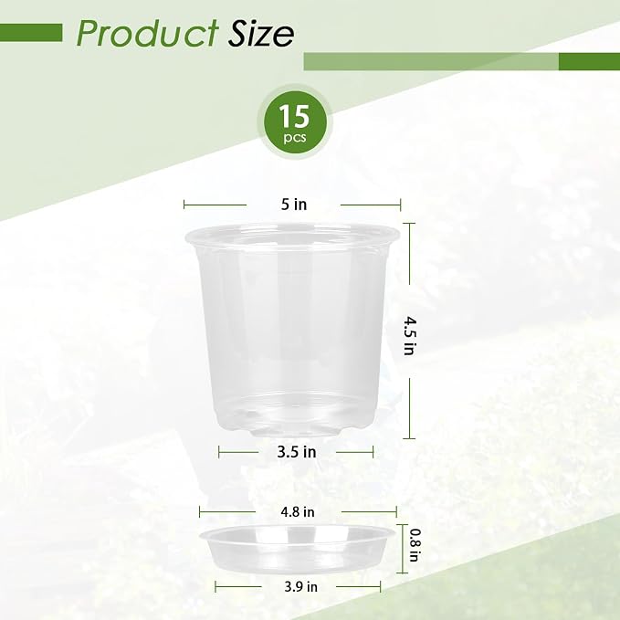 FUIJOL 5 Inch Clear Nursery Pots for Plants with Sacuers 15 Pack, Plastic Flower Pots with Drainage Holes, Variety Pack Seedlings Garden Pot for Indoor Outdoor (5 inch)